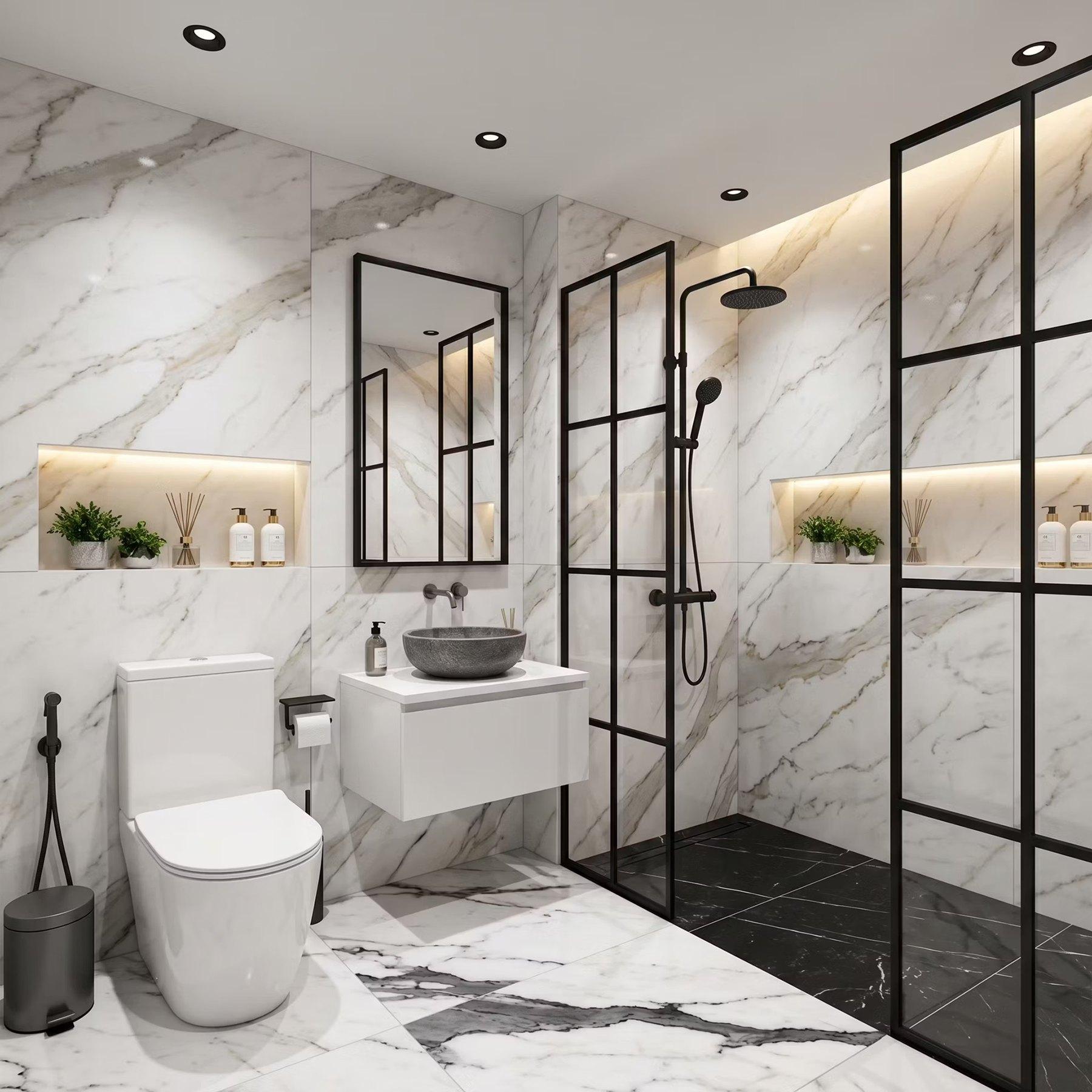 The bathroom, with a walk-in shower and marble tiling