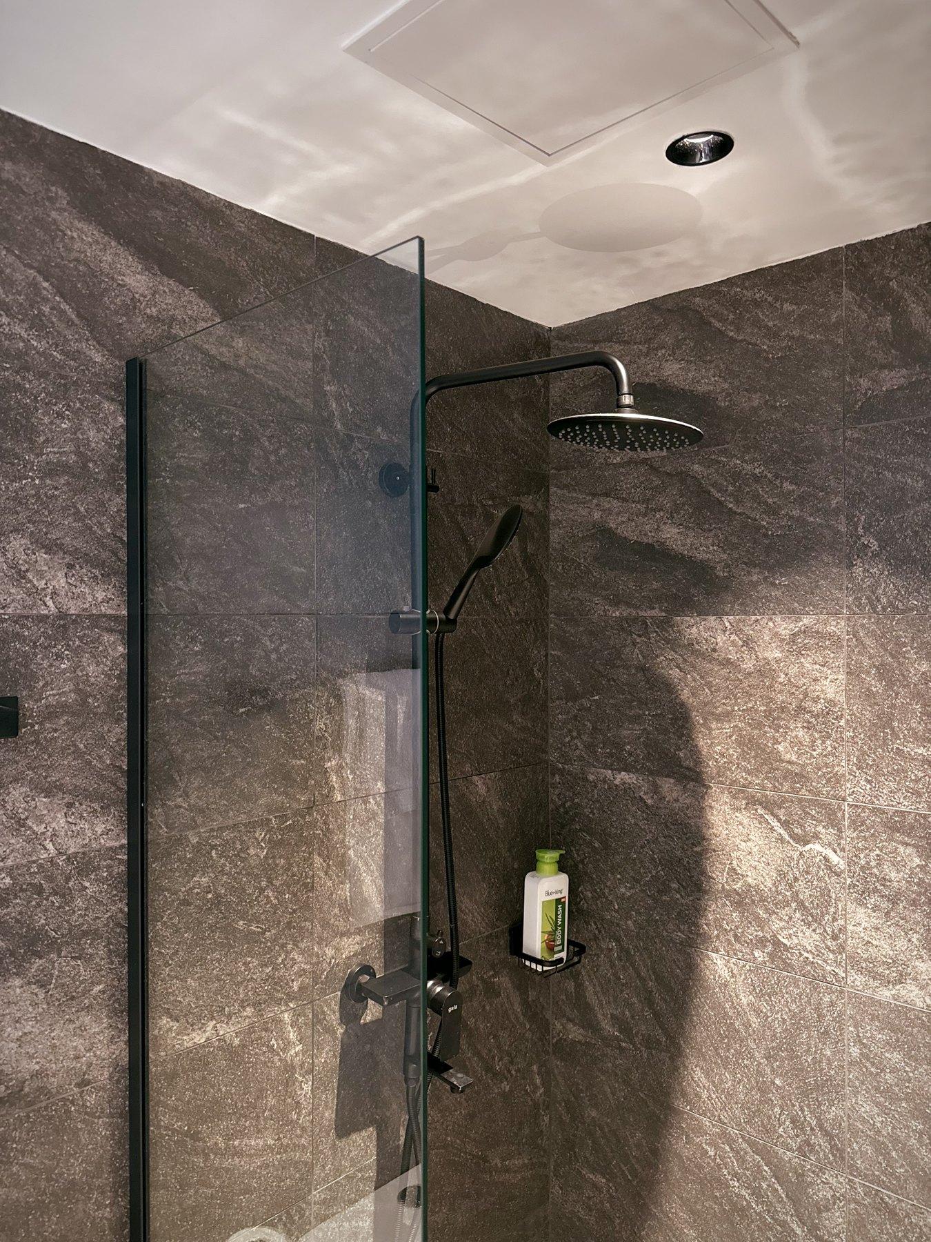 The shower, in dark stone with a rainfall head