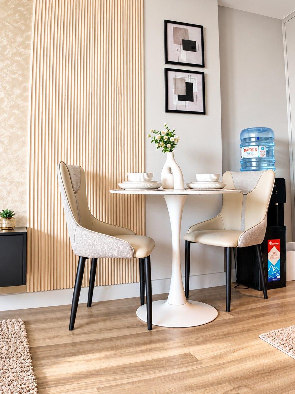 The dining table laid for two, against the slatted wall