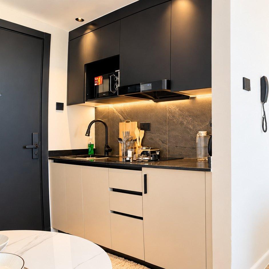 The kitchen: sink, induction hob and microwave under black cabinets