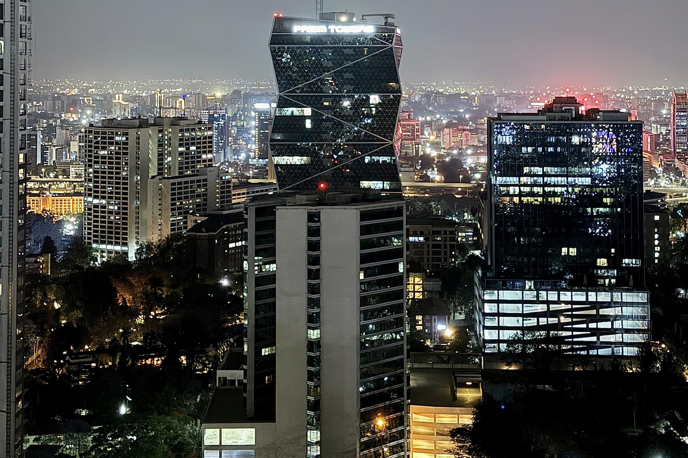 Upper Hill at night, Prism Towers lit up in the centre