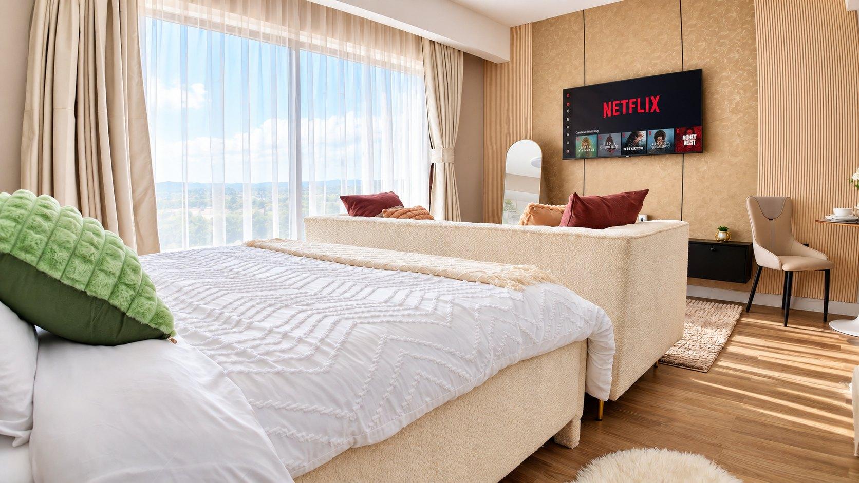 The bed, made up, with the window and the desk beyond it