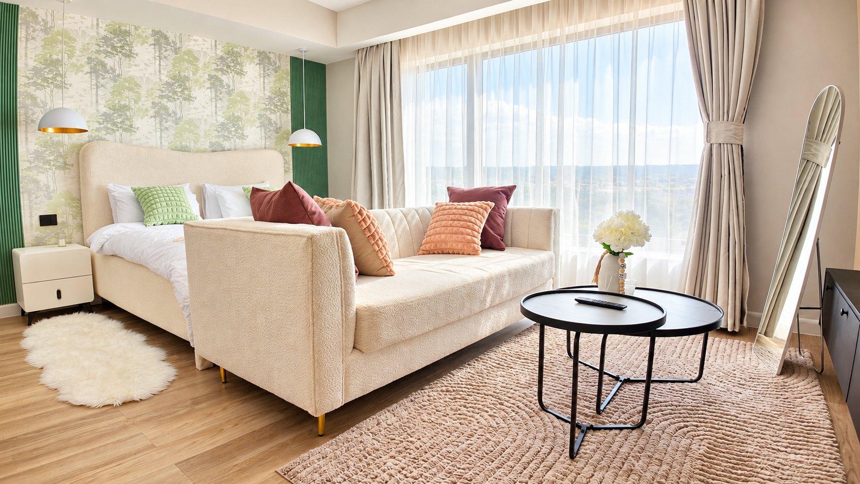 The studio in daylight: bed, sofa and the full-height window