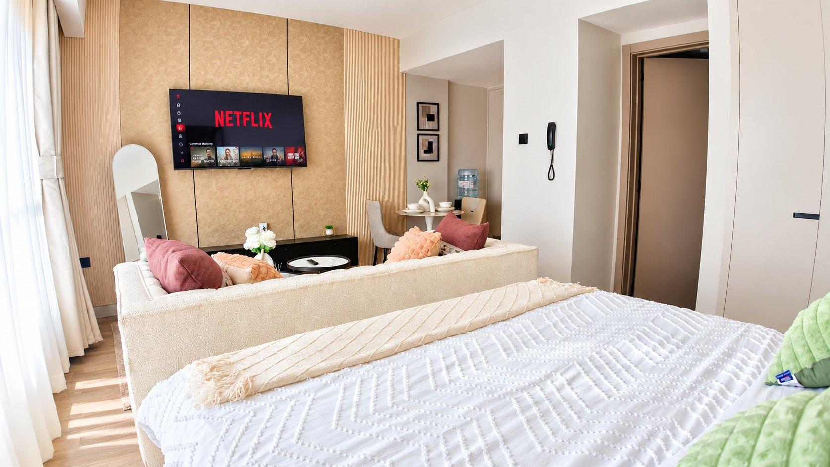 The television and the seating, seen from the bed
