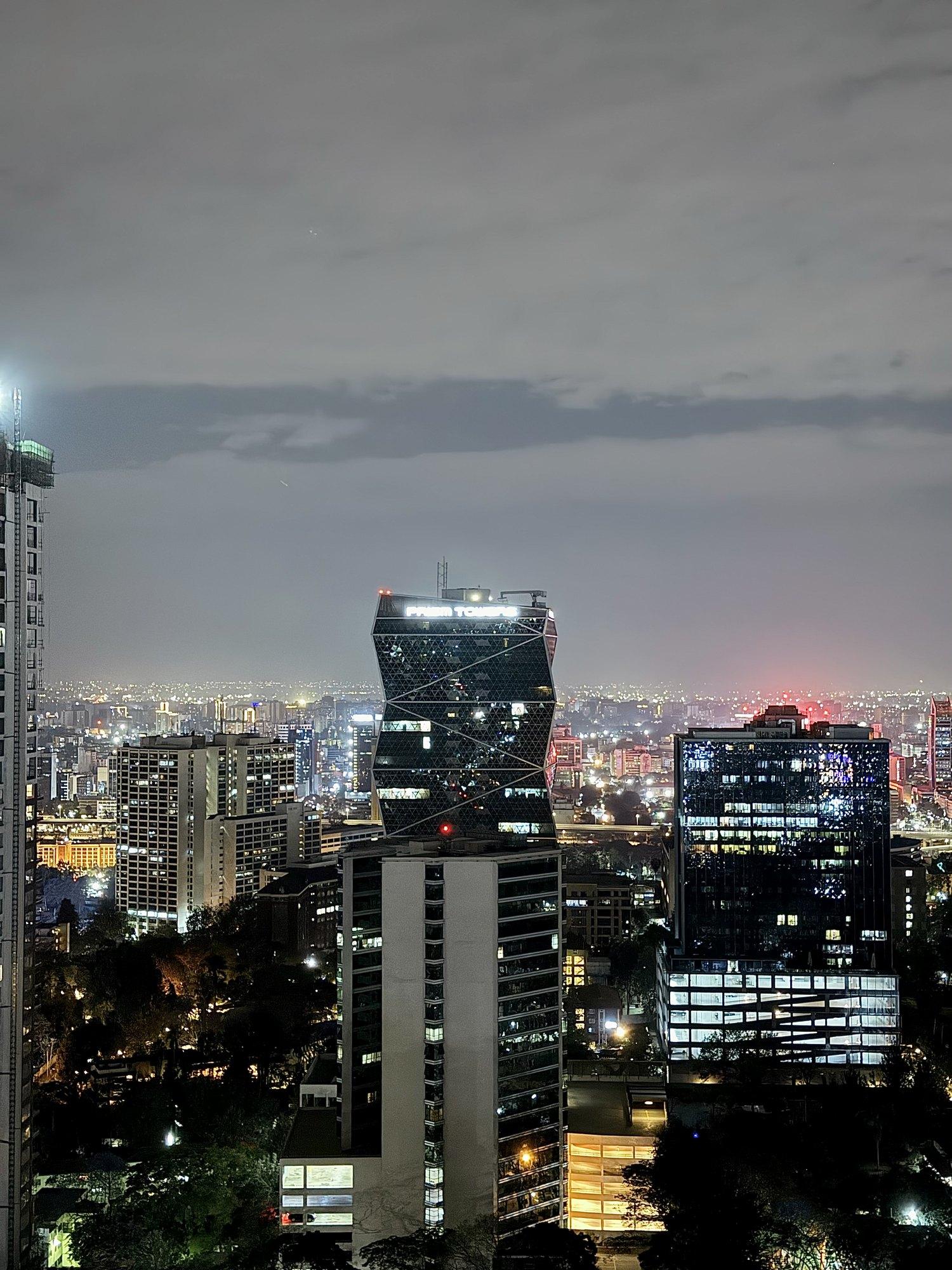 Upper Hill at night, Prism Towers lit up in the centre